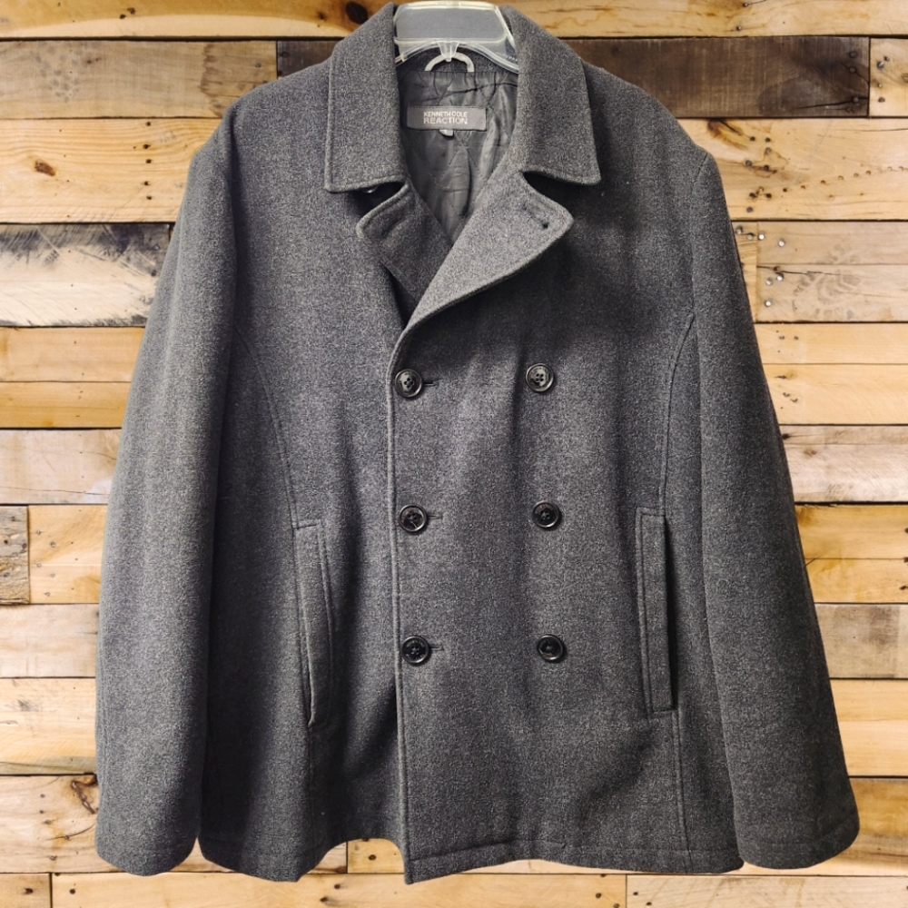 Kenneth Cole Reaction‎ Wool Blend Charcoal Full Zip Button Peacoat Coat Jacket L